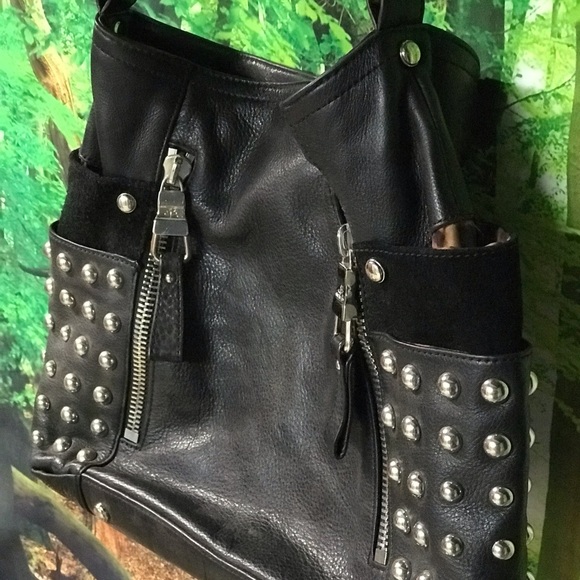 B Makowsky Black Leather & Silver Stud Crossbody. - Picture 5 of 16